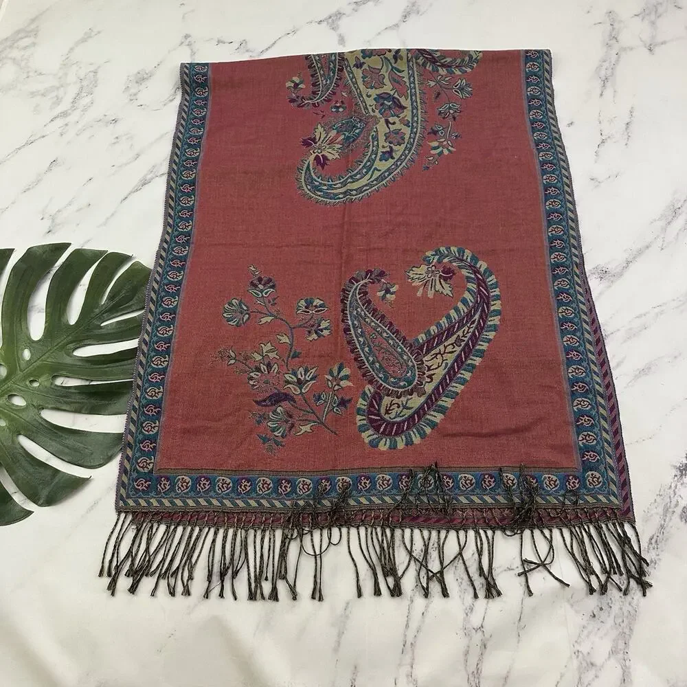 Vintage Y2k Paskmina Scarf Wrap Pink Blue Floral Pashmina Silk Paisley Boho